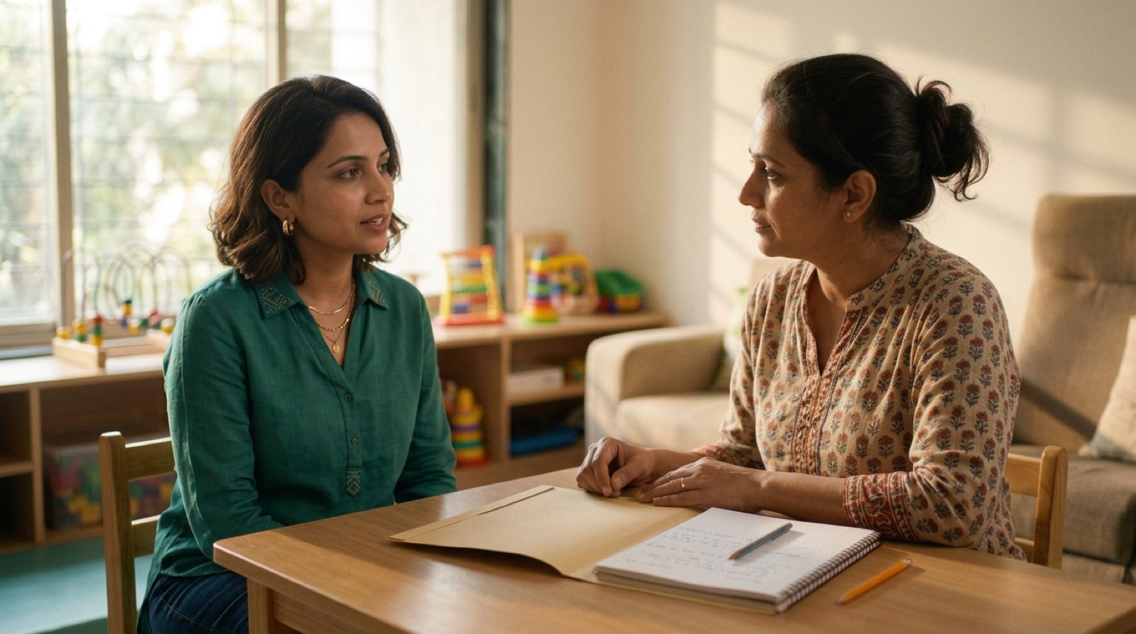 A parent and a pediatric therapist sitting across a table having a calm conversation